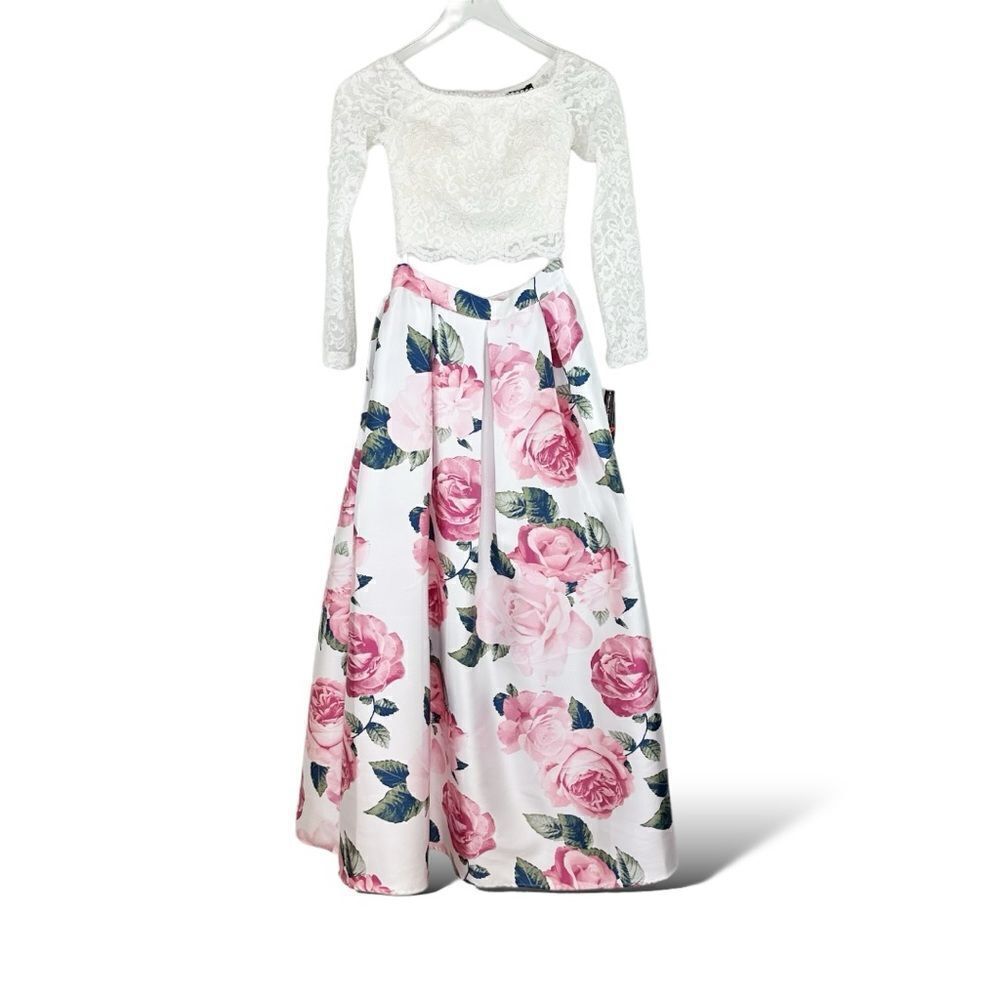 Teeze Me Womens White Pink Floral Lace 2PC Crop Top Full Formal Satin Skirt Prom